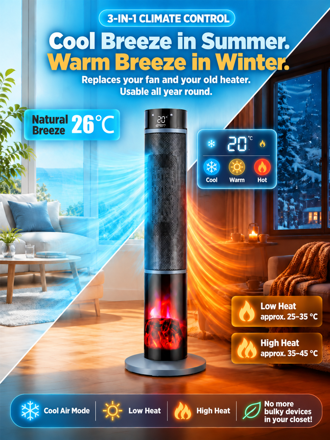[Only 1 kWh per Week] Premium 3D Fireplace Space Heater | 3-Second Rapid Heating | A+++ AI Energy-Saving Mode | 3D Fireplace Flame Effect | TÜV Certified 🔥🛡️
