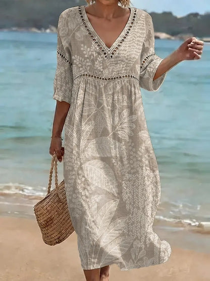 Women's comfortable dress made from a cotton-linen blend with a print