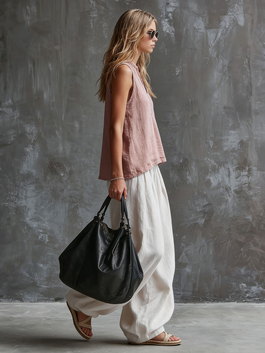 Casual Retro Cotton Linen Pink Sleeveless Top And White Balloon Pants Set