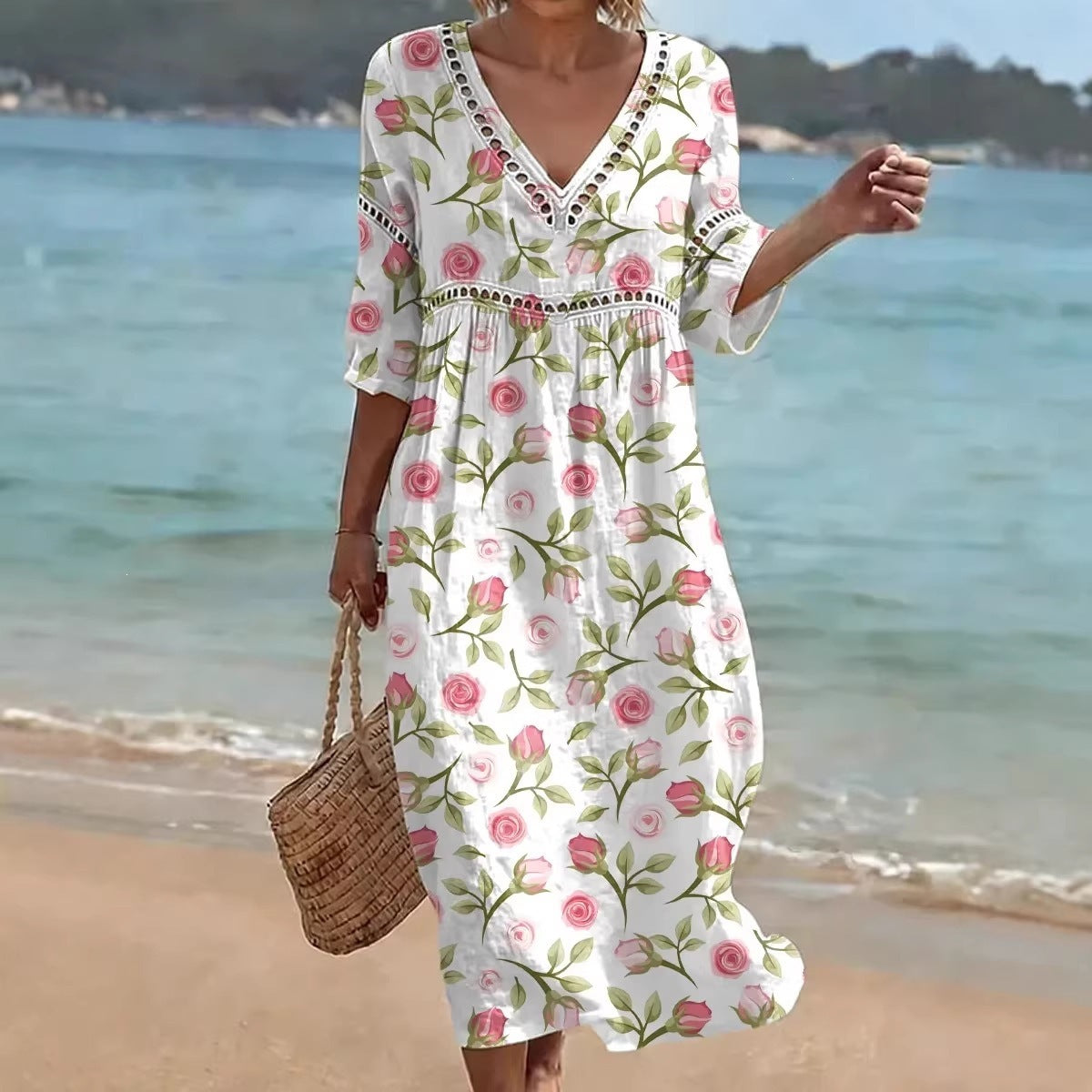 Women's comfortable dress made from a cotton-linen blend with a print