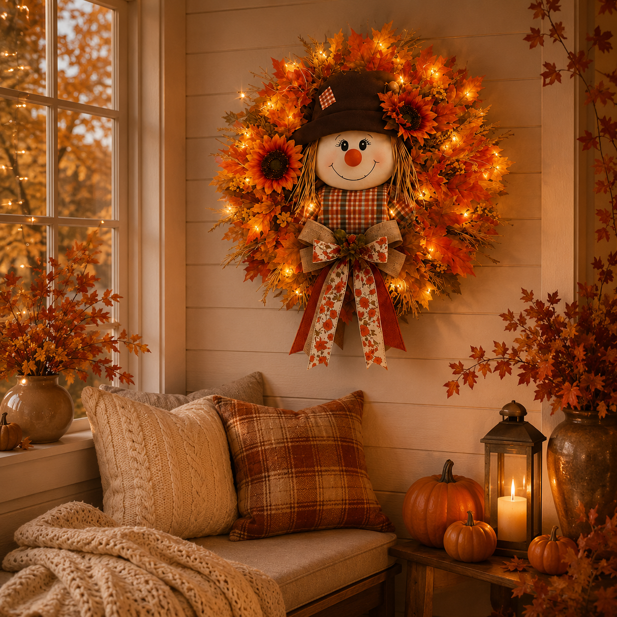 🍂 🌻 Lighted Scarecrow Fall Wreath for Front Door