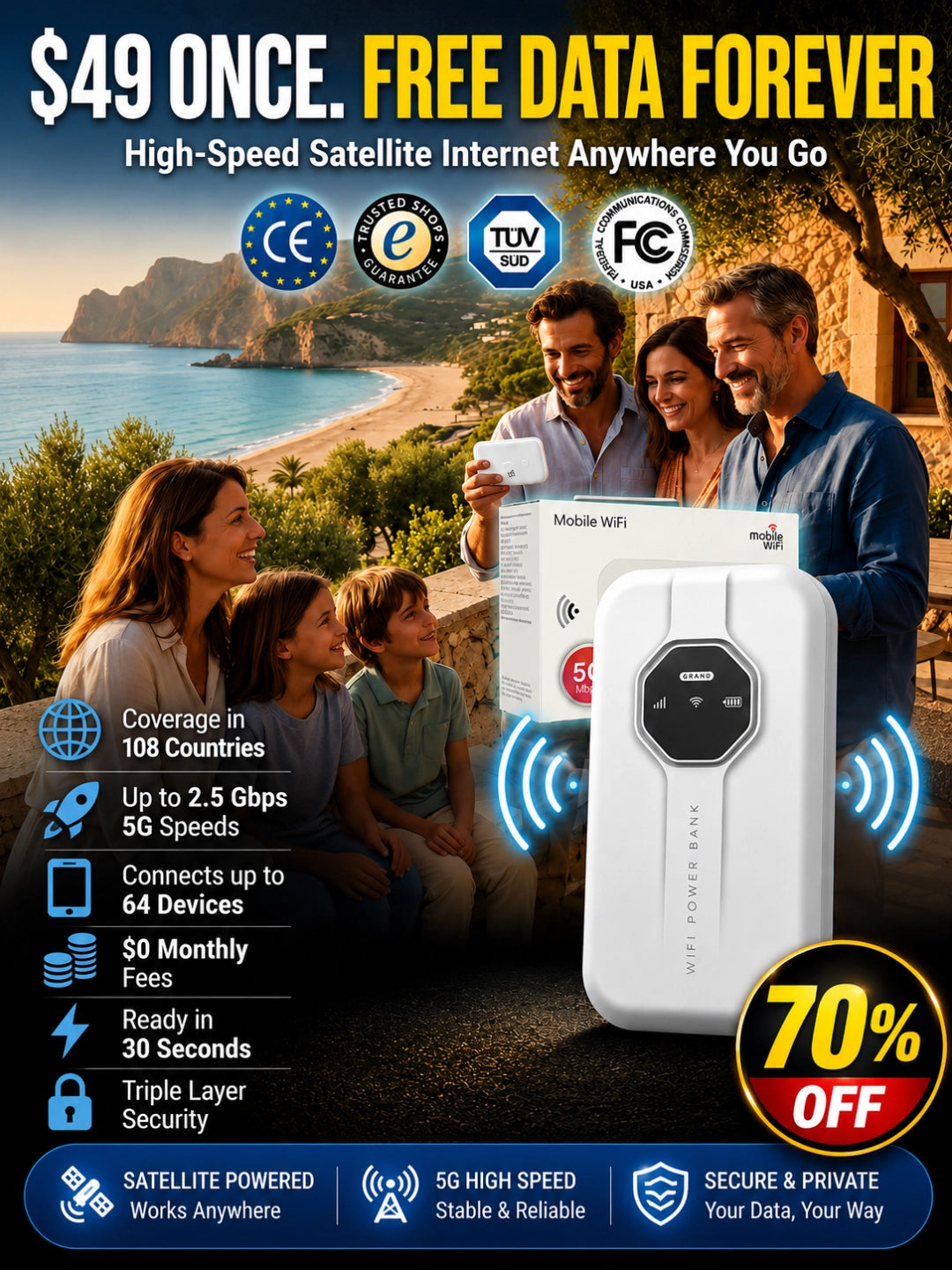 [Global Coverage, Free for Life] Next-Gen Satellite WiFi6+ Portable Router -Boundless Portable Wi-Fi