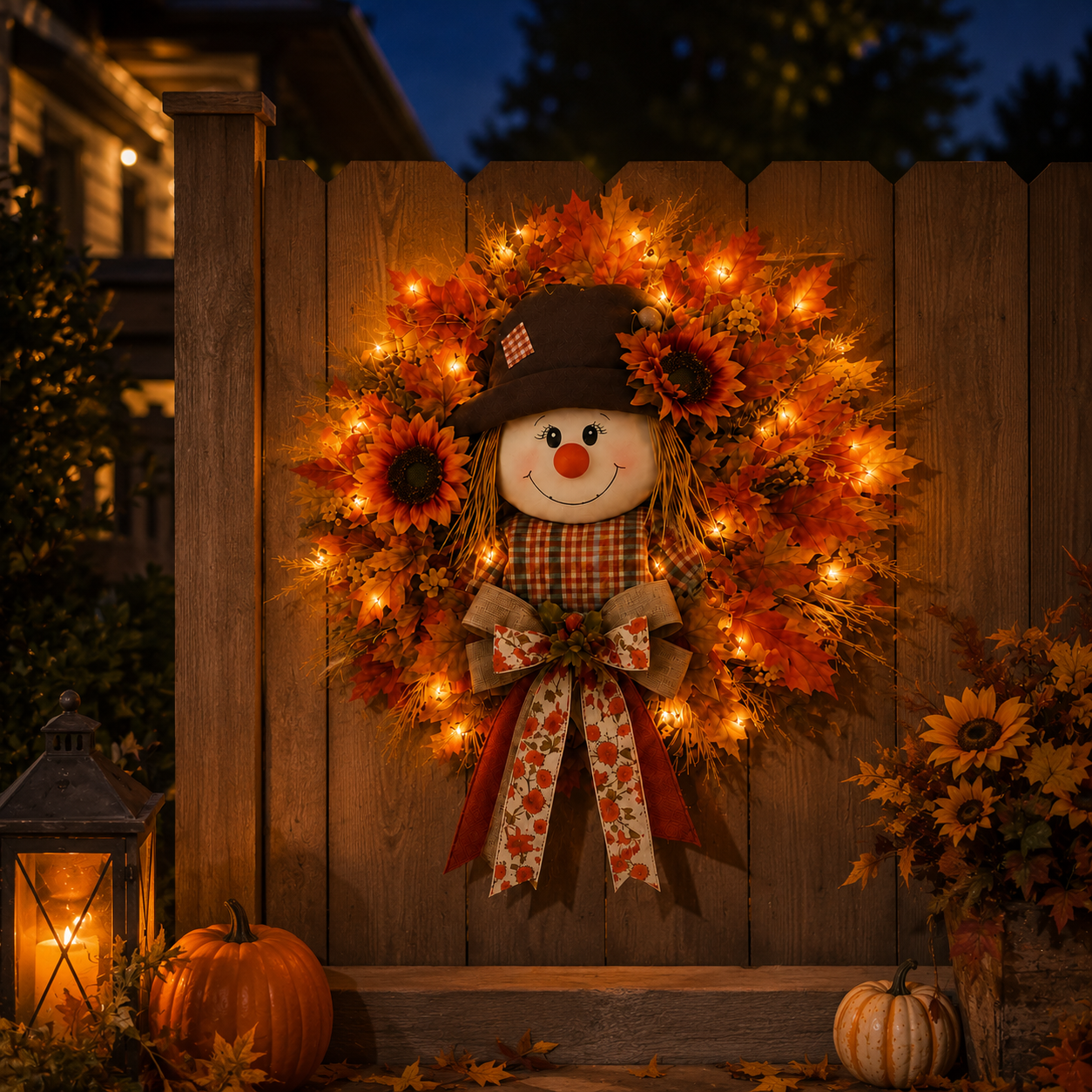 🍂 🌻 Lighted Scarecrow Fall Wreath for Front Door
