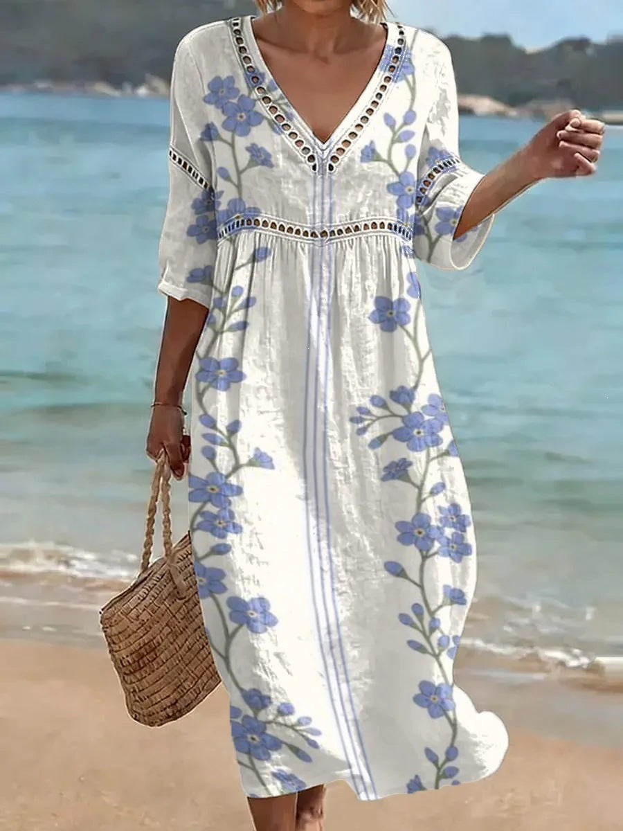 Women's comfortable dress made from a cotton-linen blend with a print