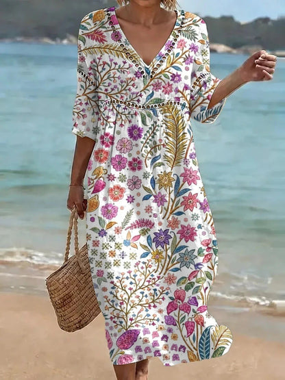 Women's comfortable dress made from a cotton-linen blend with a print