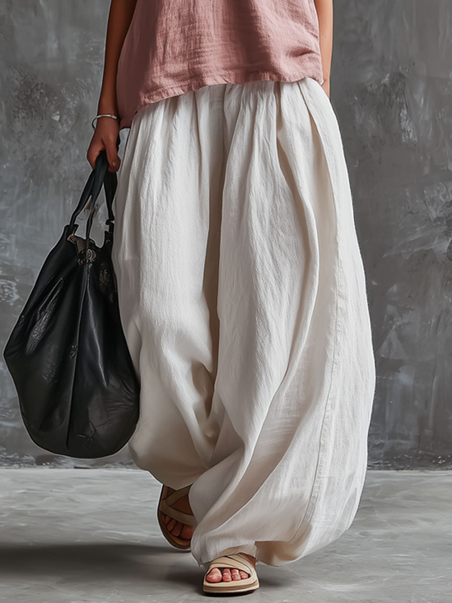 Casual Retro Cotton Linen Pink Sleeveless Top And White Balloon Pants Set