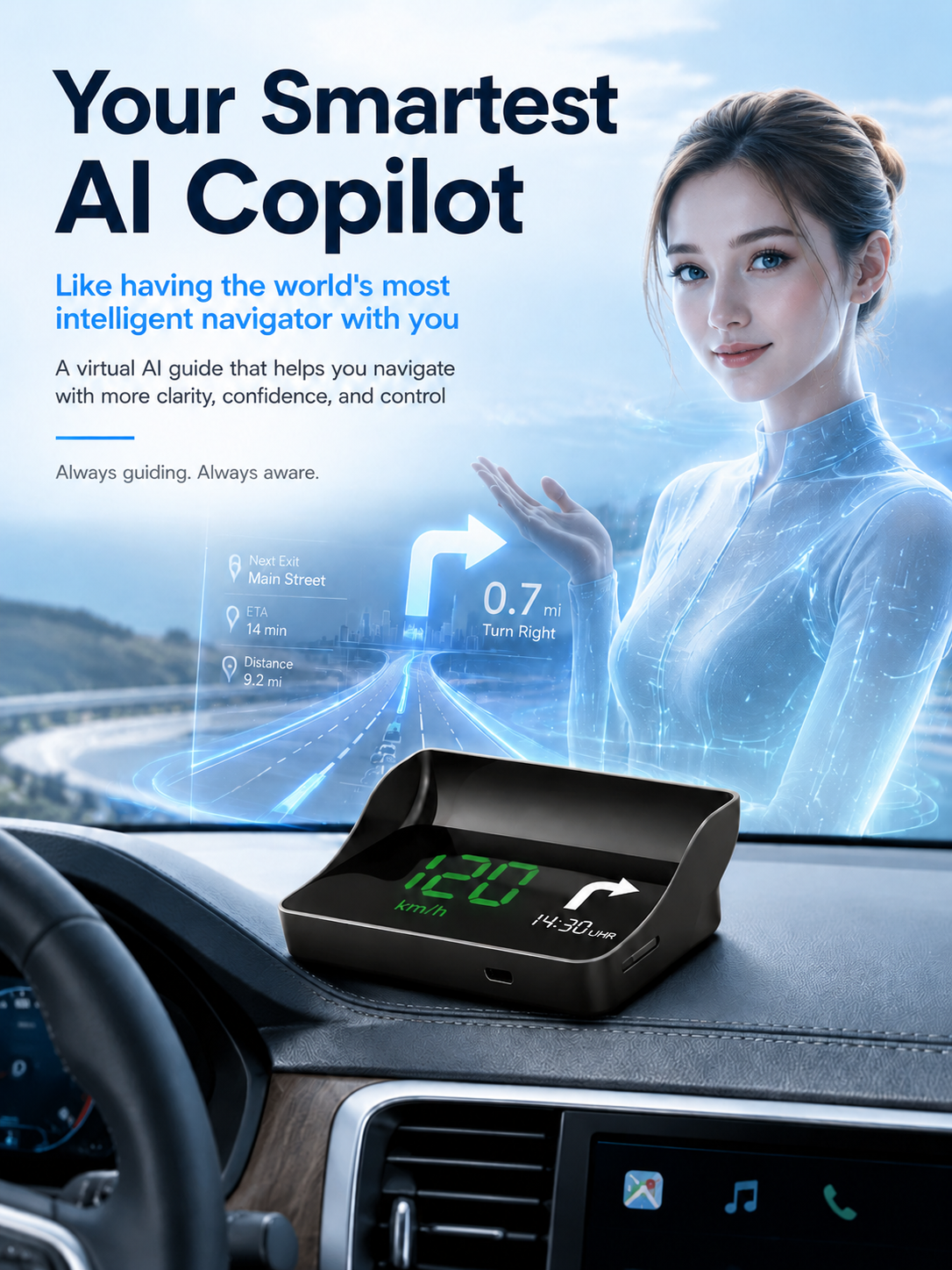 【Smart In-Car HUD Co-Pilot】Works on Sedans, SUVs, Pickups, RVs, and More!30-Day Risk-Free Trial
