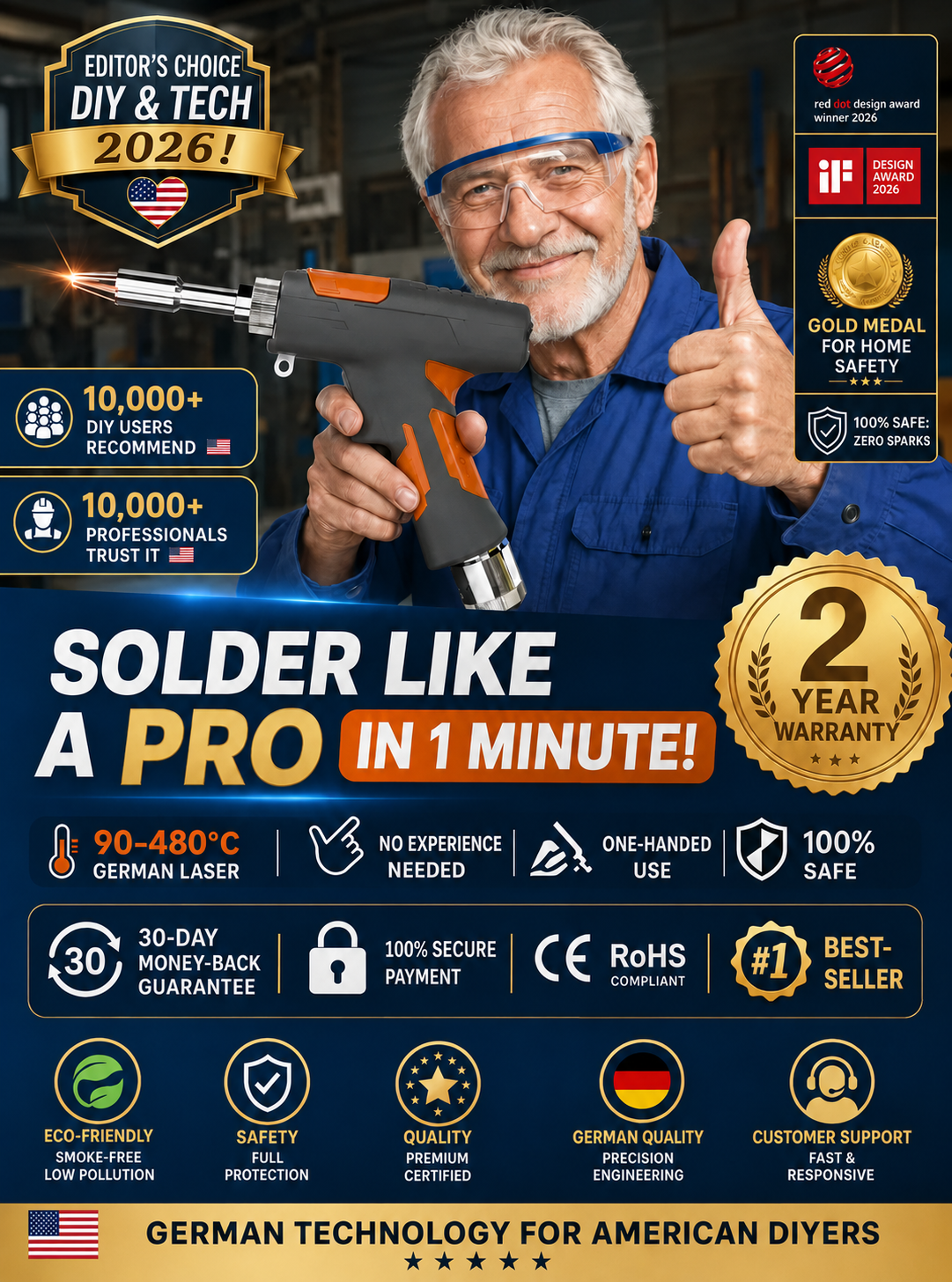 🏆  German Technology 5-in-1 Laser Welding Gun (Patented by German Engineers) | Easy DIY Repairs🛠️ | Spark-Free Cutting & Rust Removal | 100% Burn-Proof Safety🛡️ | Cordless & Generator-Free