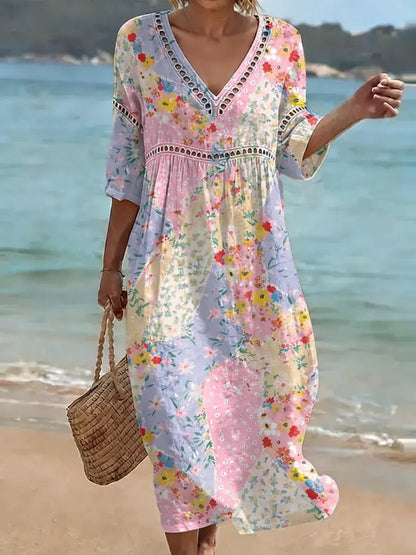 Women's comfortable dress made from a cotton-linen blend with a print