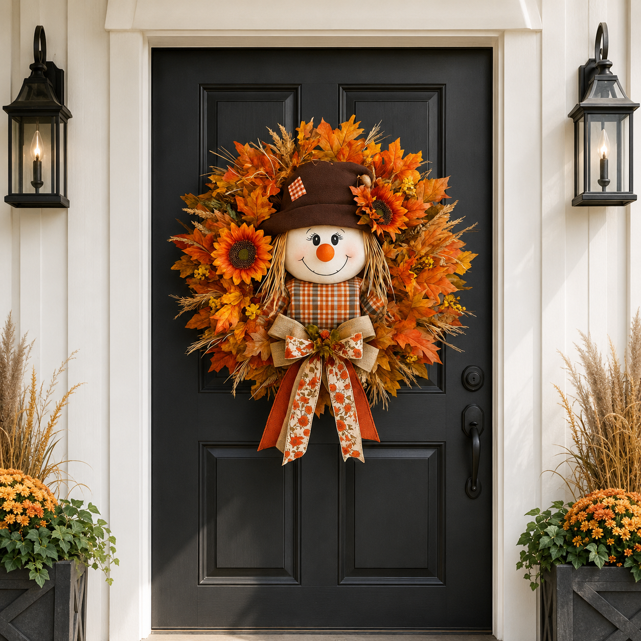 🍂 🌻 Lighted Scarecrow Fall Wreath for Front Door
