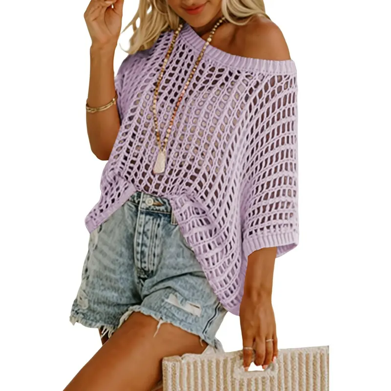 🎁2026 New Hot Sale- Womens Summer Scoop Neck Short Sleeve Sweater Casual Crochet Hollow Out Knit Tops Pullover Shirts Beach Coverup
