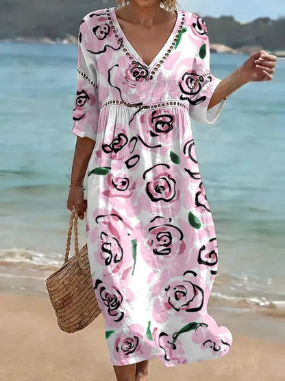 Women's comfortable dress made from a cotton-linen blend with a print