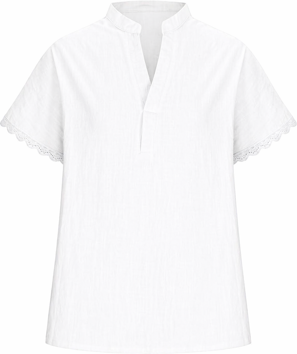 Womens V-Neck Cotton Linen Tops Short Sleeve Lace Trim Boho Shirt Casual Loose Fit Tshirts Soft Holiday Blouse