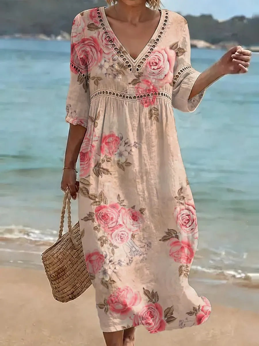 Women's comfortable dress made from a cotton-linen blend with a print