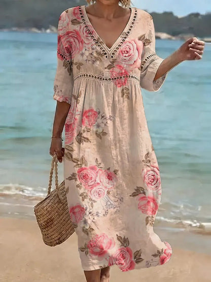 Women's comfortable dress made from a cotton-linen blend with a print