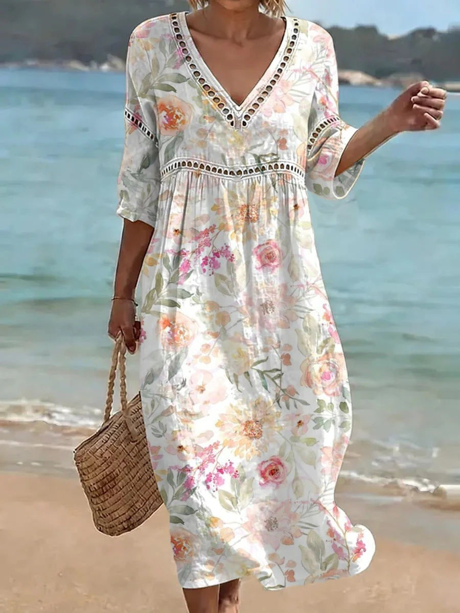 Women's comfortable dress made from a cotton-linen blend with a print