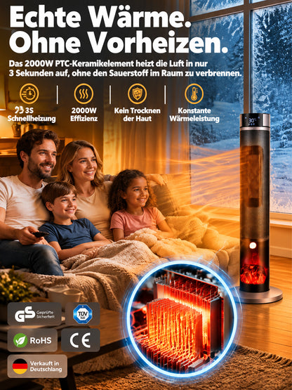 [Nur 1 kWh pro Woche] Premium 3D-Kamin Heizlüfter | 3 Sek. Schnellheizung | A+++ KI-Energiesparmodus | 3D-Kaminfeuer | TÜV geprüft 🔥🛡️