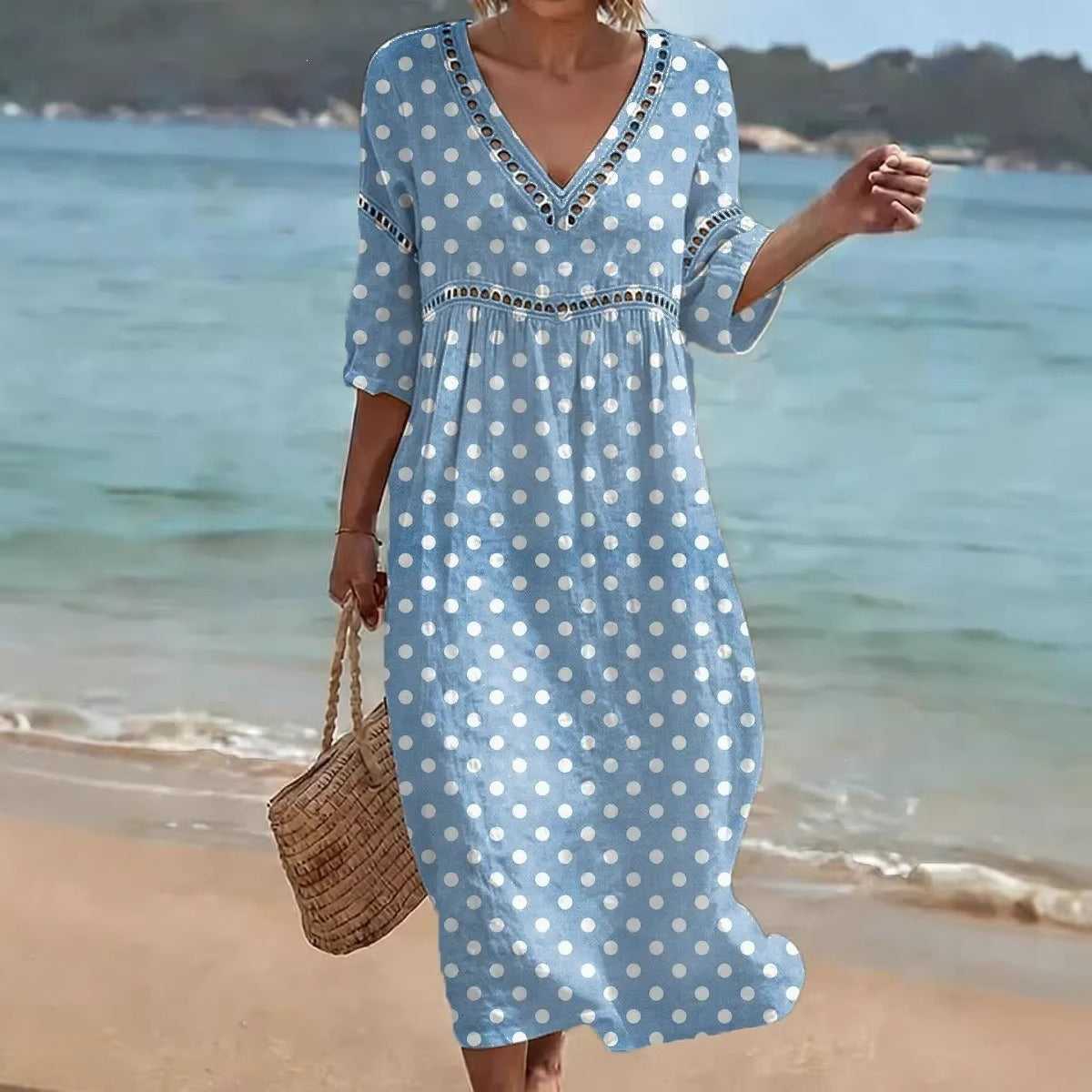 Women's comfortable dress made from a cotton-linen blend with a print