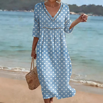 Women's comfortable dress made from a cotton-linen blend with a print