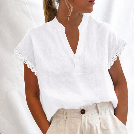 Womens V-Neck Cotton Linen Tops Short Sleeve Lace Trim Boho Shirt Casual Loose Fit Tshirts Soft Holiday Blouse
