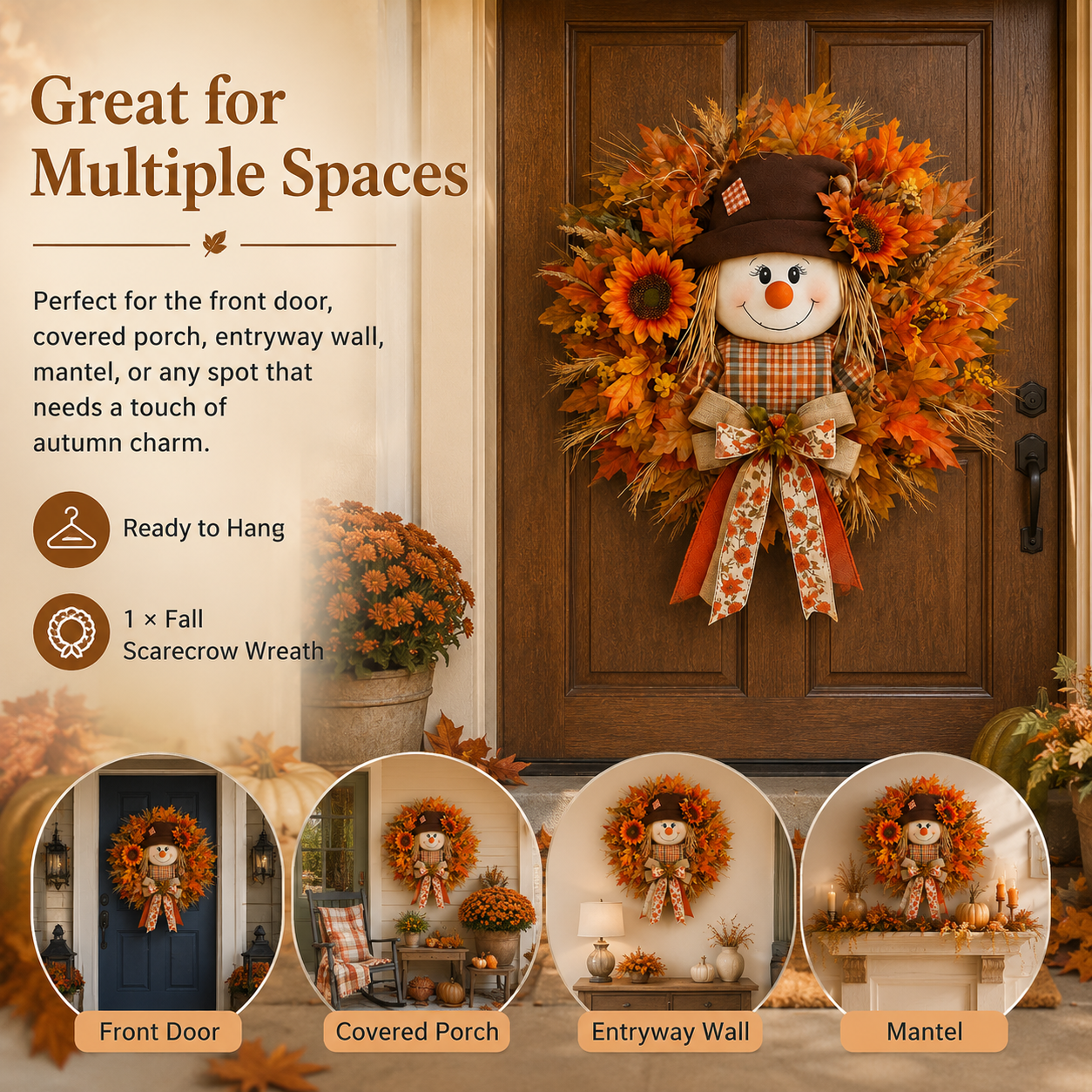 🍂 🌻 Lighted Scarecrow Fall Wreath for Front Door