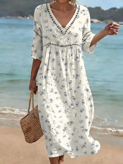 Women's comfortable dress made from a cotton-linen blend with a print