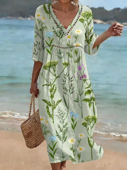 Women's comfortable dress made from a cotton-linen blend with a print