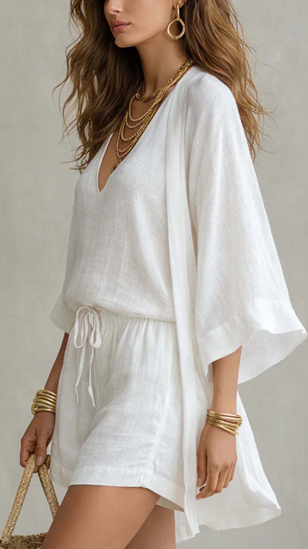 Women's Linen-Blend Three-Piece Set (Kimono + Tank + Shorts)