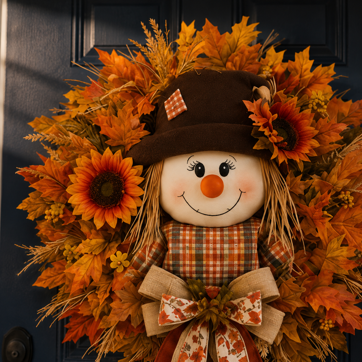 🍂 🌻 Lighted Scarecrow Fall Wreath for Front Door