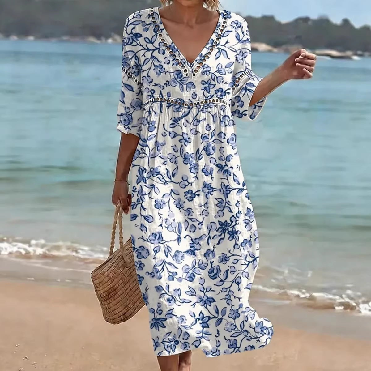 Women's comfortable dress made from a cotton-linen blend with a print