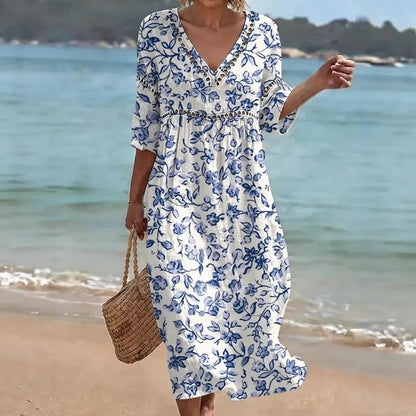 Women's comfortable dress made from a cotton-linen blend with a print
