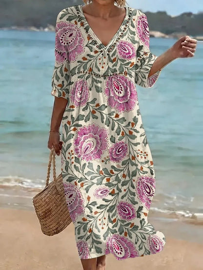 Women's comfortable dress made from a cotton-linen blend with a print