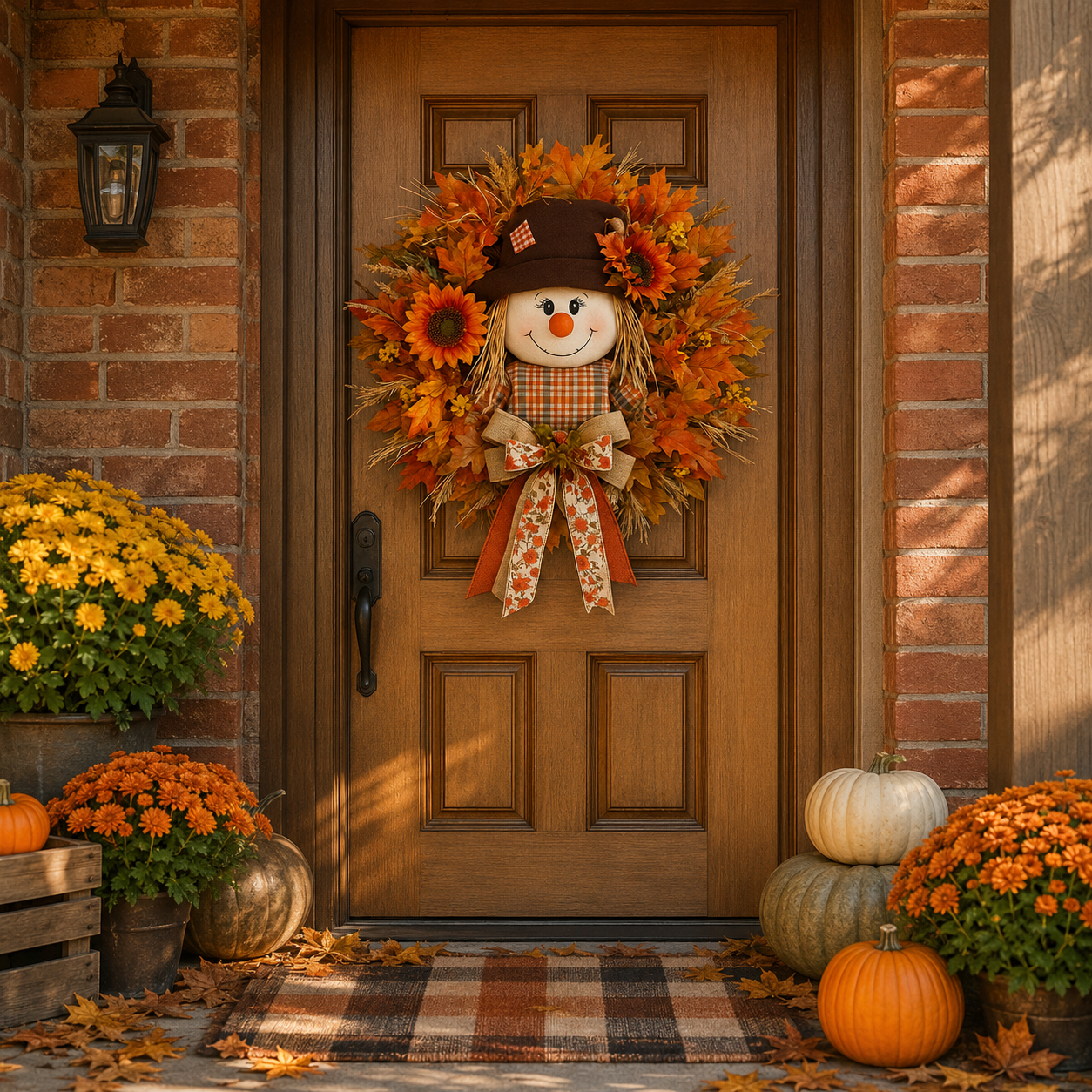 🍂 🌻 Lighted Scarecrow Fall Wreath for Front Door