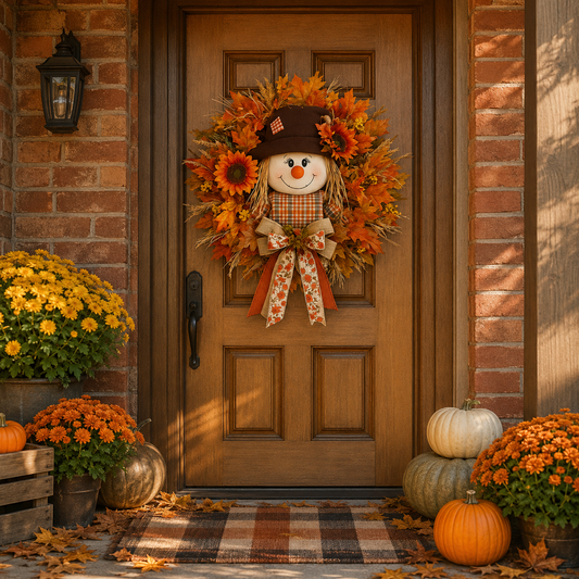 🍂 🌻 Lighted Scarecrow Fall Wreath for Front Door