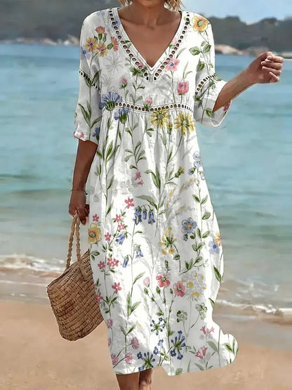Women's comfortable dress made from a cotton-linen blend with a print