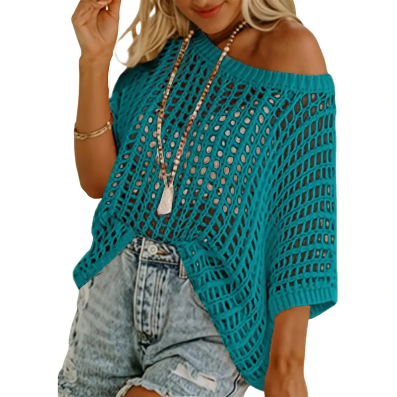 🎁2026 New Hot Sale- Womens Summer Scoop Neck Short Sleeve Sweater Casual Crochet Hollow Out Knit Tops Pullover Shirts Beach Coverup