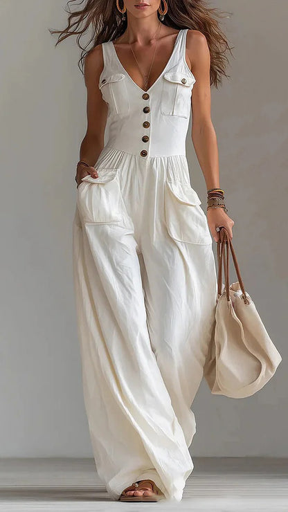 Women's Solid-Color Loose-Fit Casual Jumpsuit with Buttons and Side Pockets
