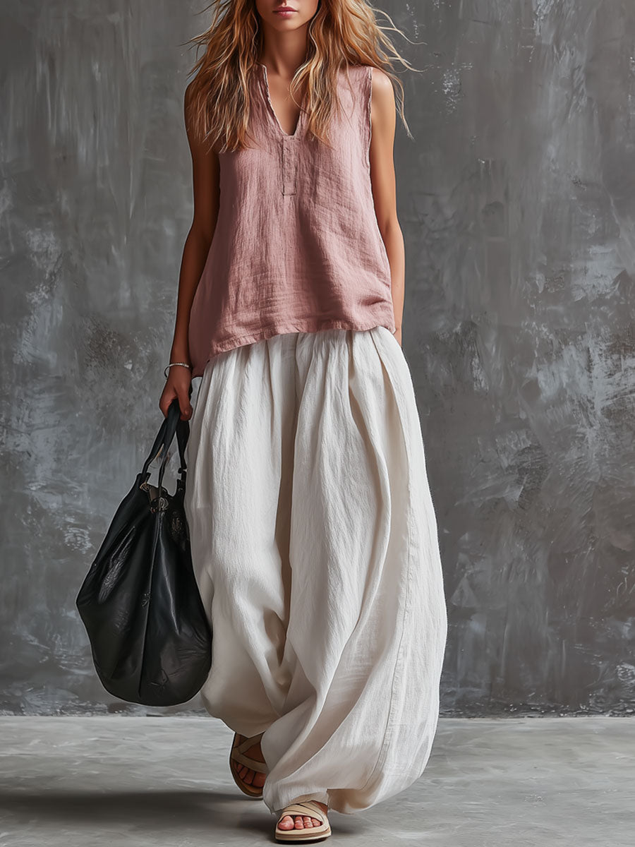Casual Retro Cotton Linen Pink Sleeveless Top And White Balloon Pants Set