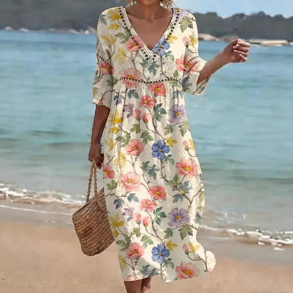 Women's comfortable dress made from a cotton-linen blend with a print