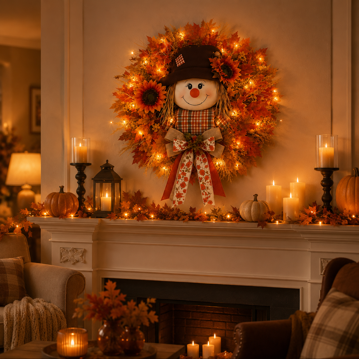 🍂 🌻 Lighted Scarecrow Fall Wreath for Front Door