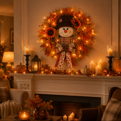 🍂 🌻 Lighted Scarecrow Fall Wreath for Front Door