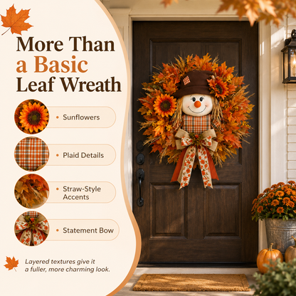 🍂 🌻 Lighted Scarecrow Fall Wreath for Front Door