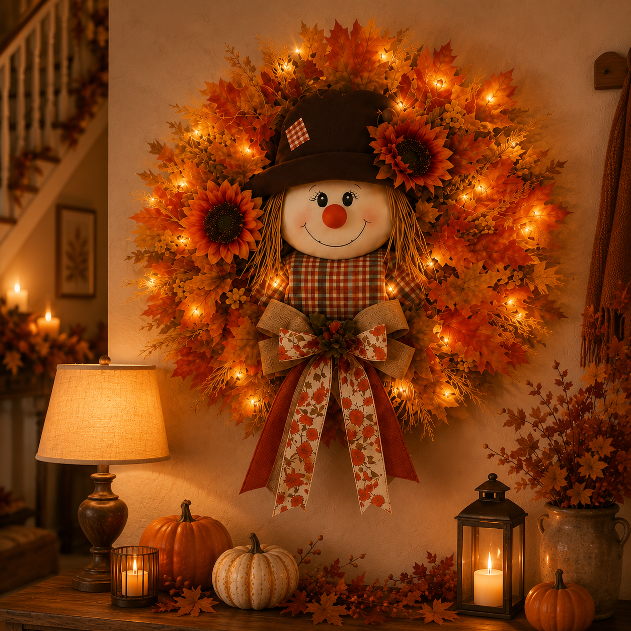 🍂 🌻 Lighted Scarecrow Fall Wreath for Front Door