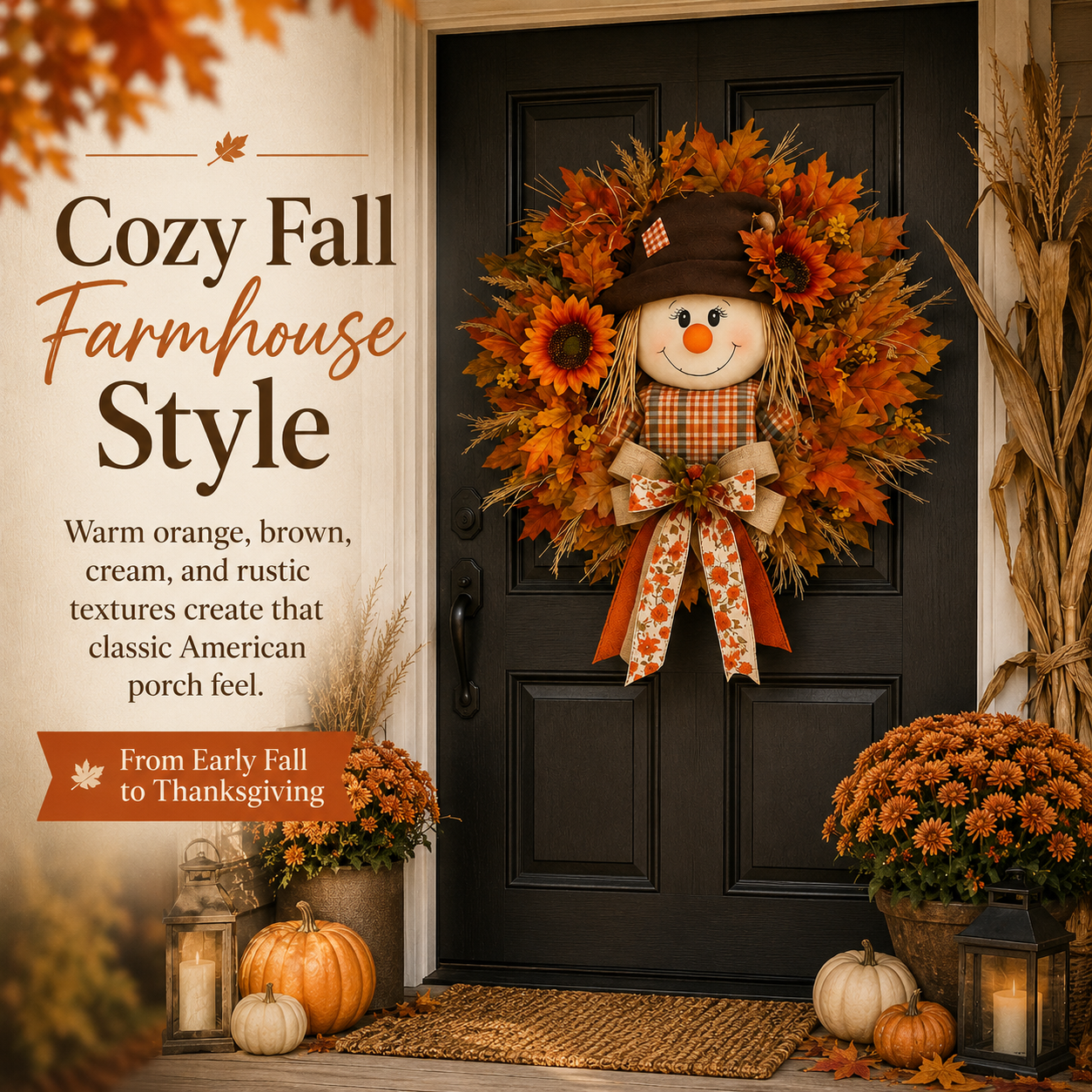 🍂 🌻 Lighted Scarecrow Fall Wreath for Front Door