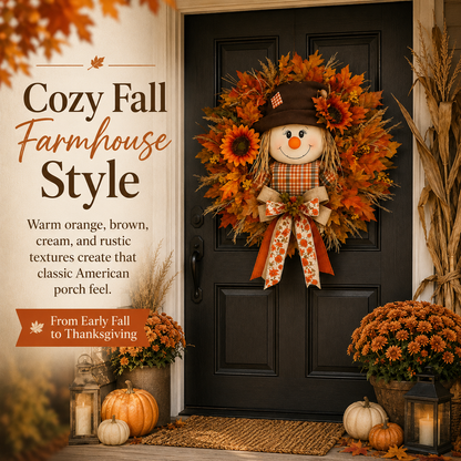 🍂 🌻 Lighted Scarecrow Fall Wreath for Front Door