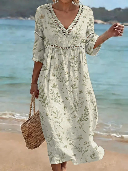 Women's comfortable dress made from a cotton-linen blend with a print