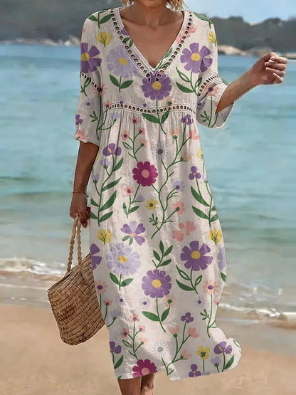 Women's comfortable dress made from a cotton-linen blend with a print
