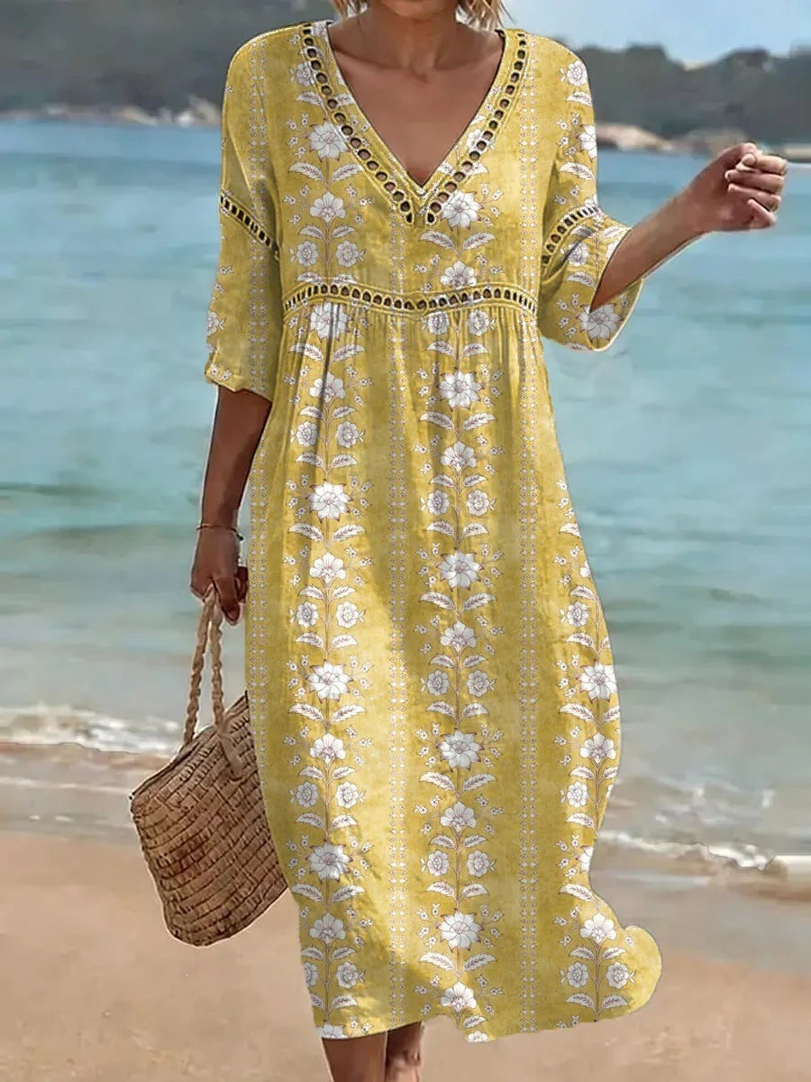 Women's comfortable dress made from a cotton-linen blend with a print