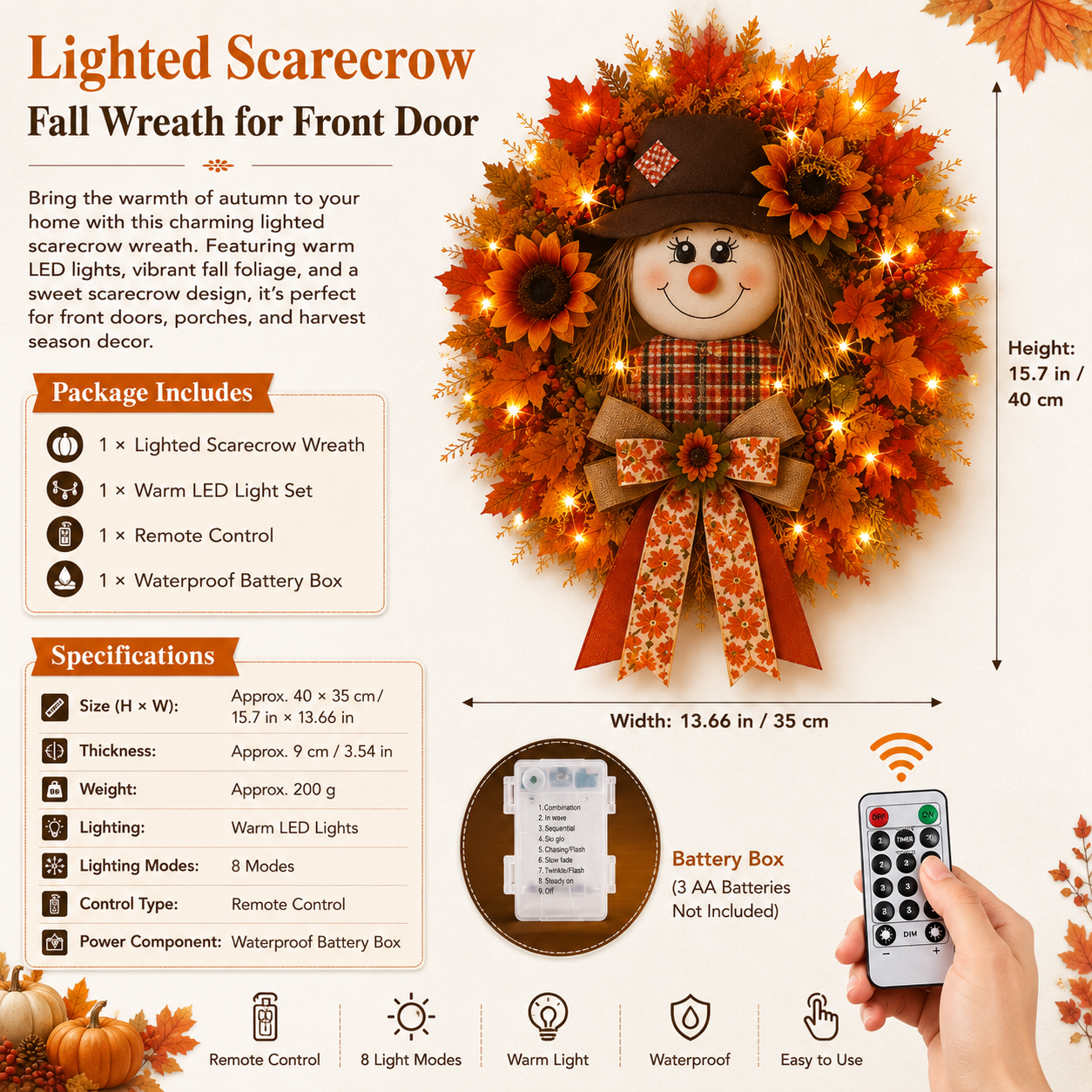 🍂 🌻 Lighted Scarecrow Fall Wreath for Front Door