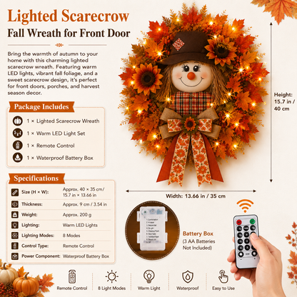 🍂 🌻 Lighted Scarecrow Fall Wreath for Front Door